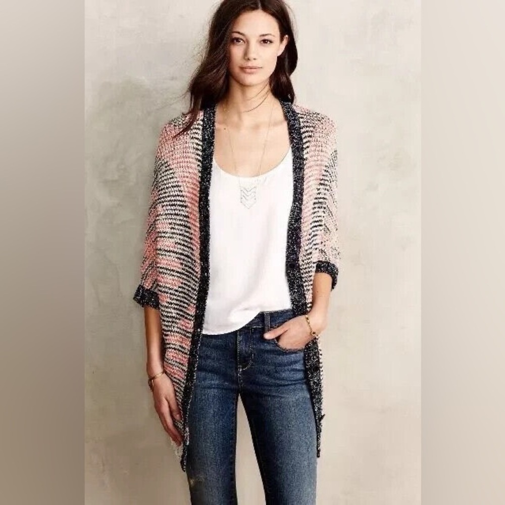 Anthropologie Pink and Black Open Knit Cardigan